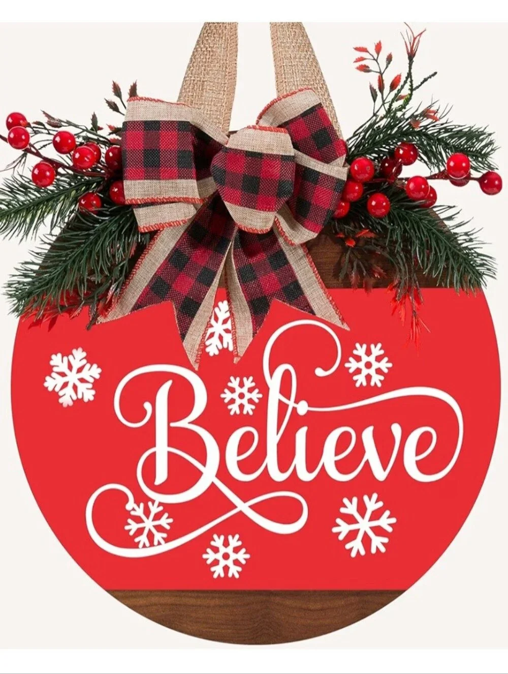 Believe Red Holiday Wooden Sign with Plaid Bow. NWT.